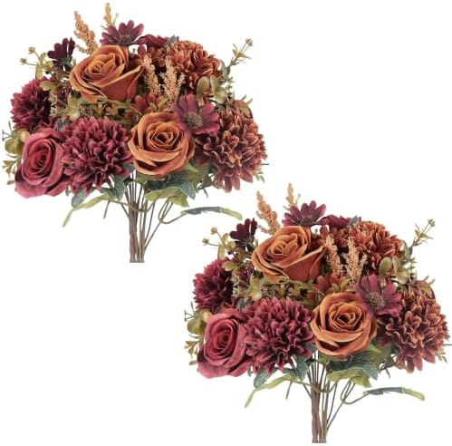 4 Pcs Fall Flowers Artificial Decoration, Silk Fall Bouquet Burgundy Orange