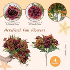 4 Pcs Fall Flowers Artificial Decoration, Silk Fall Bouquet Burgundy Orange, alternate view 2
