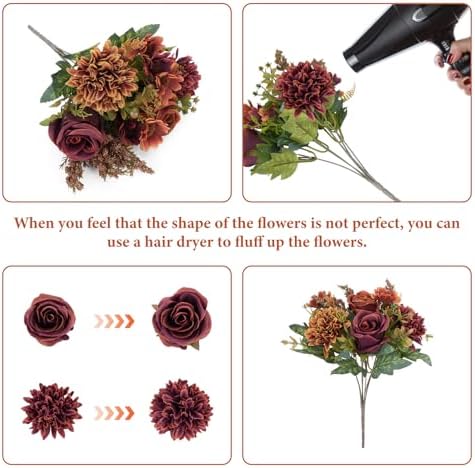 4 Pcs Fall Flowers Artificial Decoration, Silk Fall Bouquet Burgundy Orange, alternate view 3
