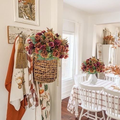 4 Pcs Fall Flowers Artificial Decoration, Silk Fall Bouquet Burgundy Orange, alternate view 4