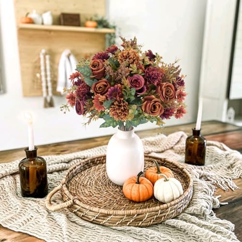 4 Pcs Fall Flowers Artificial Decoration, Silk Fall Bouquet Burgundy Orange, alternate view 5