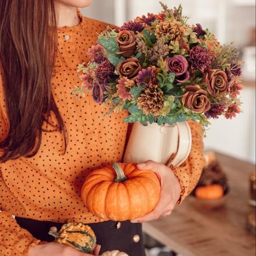 4 Pcs Fall Flowers Artificial Decoration, Silk Fall Bouquet Burgundy Orange, alternate view 6