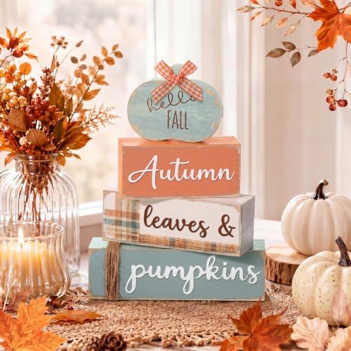 4 Pcs Fall Pumpkin Table Decoration Wooden Pumpkin Centerpiece, alternate view 2