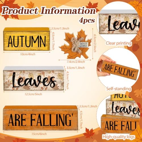 4 Pcs Fall Table Decorations Wooden Autumn Maple Leaf Decor, alternate view 5