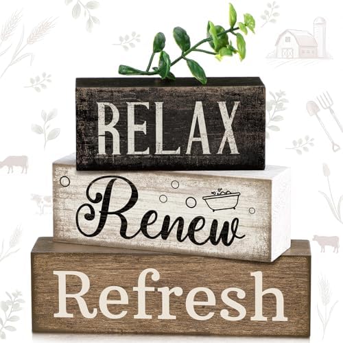 4 Pcs Farmhouse Bathroom Shelf Decor, Relax Renew Refresh Signs