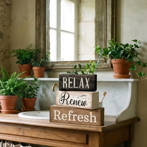 4 Pcs Farmhouse Bathroom Shelf Decor, Relax Renew Refresh Signs, alternate view 2