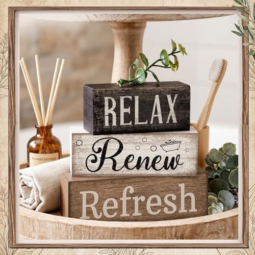 4 Pcs Farmhouse Bathroom Shelf Decor, Relax Renew Refresh Signs, alternate view 3