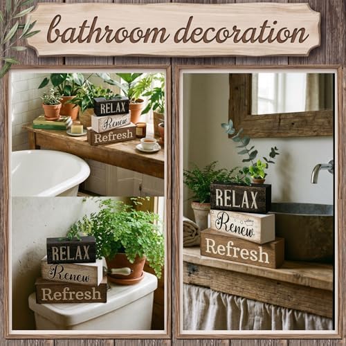 4 Pcs Farmhouse Bathroom Shelf Decor, Relax Renew Refresh Signs, alternate view 5