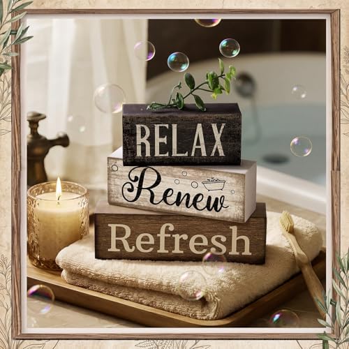 4 Pcs Farmhouse Bathroom Shelf Decor, Relax Renew Refresh Signs, alternate view 6