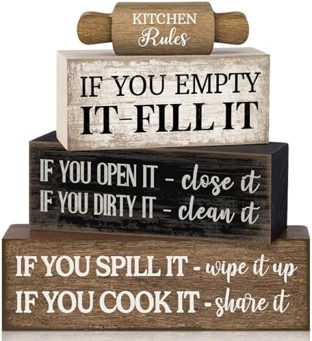 4 Pcs Farmhouse Tiered Tray Decor, Kitchen Rules Wooden Signs