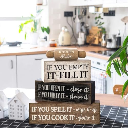 4 Pcs Farmhouse Tiered Tray Decor, Kitchen Rules Wooden Signs, alternate view 4