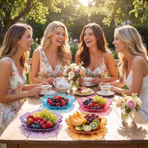 4 Pcs Flower Shaped Serving Bowl Fruit Plate 4 Colors Stackable Clear Spring Floral Candy Platter Dish for Home, alternate