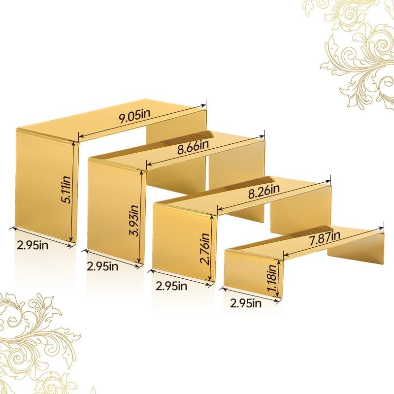 4 Pcs Gold Stainless Steel Display Risers, Display Stand for Cupcake Dessert Perfume Purse Handbag Shoe Jewelry, alternate