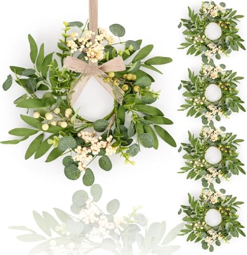 4 Pcs Green Eucalyptus Swag Wreaths for Pillars Spring Summer Kitchen Cabinet Wreaths Mini Green Berry Leaves