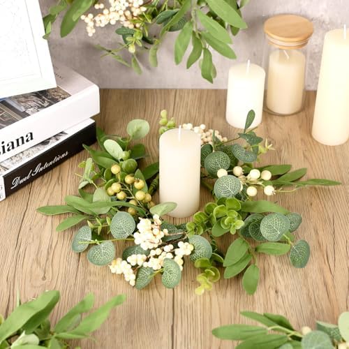 4 Pcs Green Eucalyptus Swag Wreaths for Pillars Spring Summer Kitchen Cabinet Wreaths Mini Green Berry Leaves, alternate view