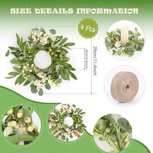 4 Pcs Green Eucalyptus Swag Wreaths for Pillars Spring Summer Kitchen Cabinet Wreaths Mini Green Berry Leaves, alternate view