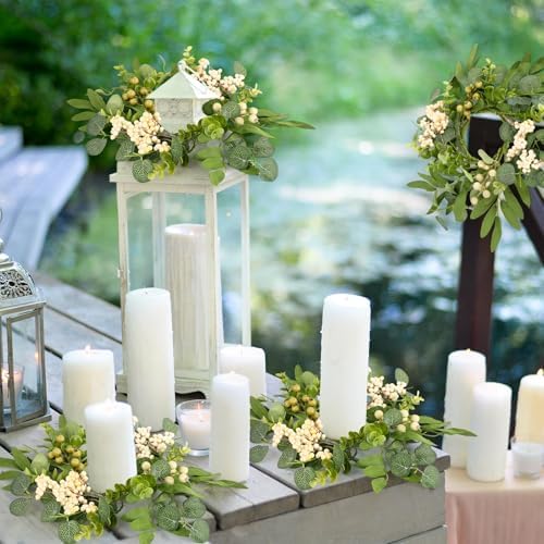 4 Pcs Green Eucalyptus Swag Wreaths for Pillars Spring Summer Kitchen Cabinet Wreaths Mini Green Berry Leaves, alternate view