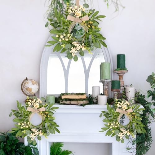 4 Pcs Green Eucalyptus Swag Wreaths for Pillars Spring Summer Kitchen Cabinet Wreaths Mini Green Berry Leaves, alternate view