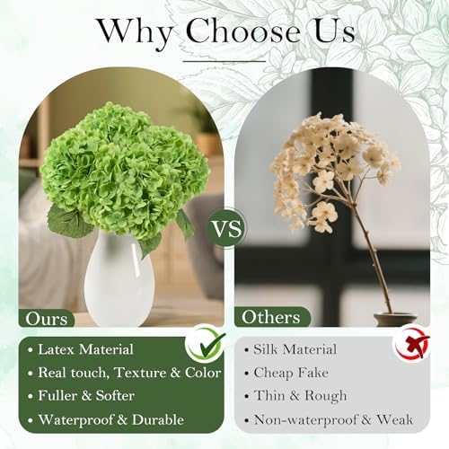 4 Pcs Green Hydrangea Artificial Flowers, Latex Real Touch Hydrangeas in 2 Dark Green & 2 Light Green, alternate view 5