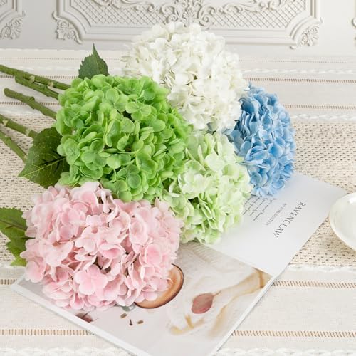 4 Pcs Green Hydrangea Artificial Flowers, Latex Real Touch Hydrangeas in 2 Dark Green & 2 Light Green, alternate view 6