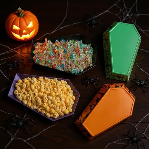 4 Pcs Halloween Plastic Serving Tray Coffin Candy Bowl in White, Black, alternate view 2