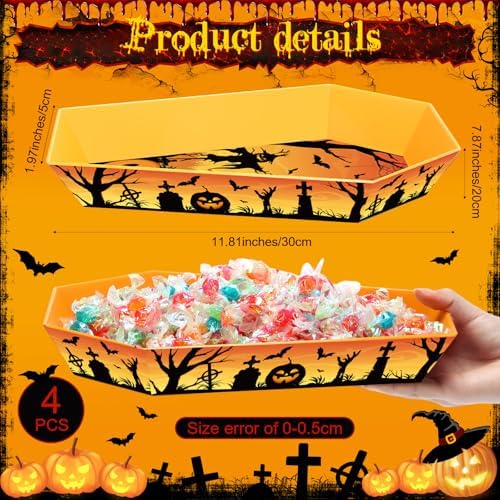 4 Pcs Halloween Plastic Serving Tray Coffin Candy Bowl in White, Black, alternate view 3