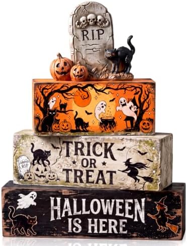 4 Pcs Halloween Table Decor Wooden Stacked Ghost Tombstone Block