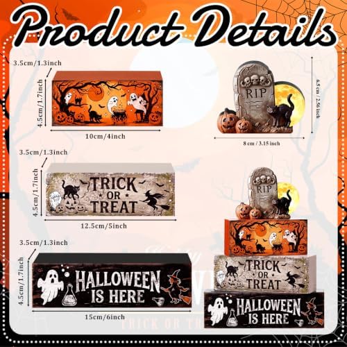 4 Pcs Halloween Table Decor Wooden Stacked Ghost Tombstone Block, alternate view 3