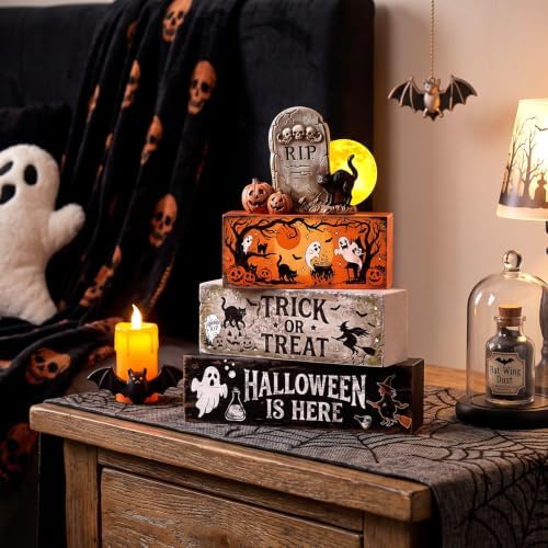4 Pcs Halloween Table Decor Wooden Stacked Ghost Tombstone Block, alternate view 5
