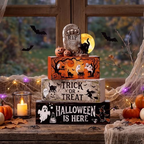 4 Pcs Halloween Table Decor Wooden Stacked Ghost Tombstone Block, alternate view 6