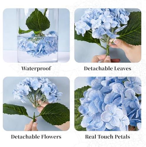 4 Pcs Hydrangea Artificial Flowers, 21'' Real Touch Latex Flower in 2 Blue & 2 White, alternate view 6