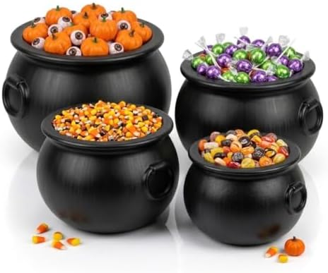 4 Pcs Large Cauldron, Black Witches Cauldron Bowl for Halloween Decor