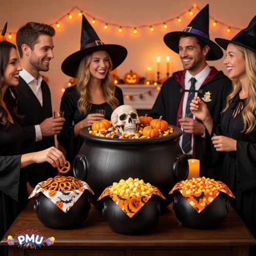 4 Pcs Large Halloween Cauldron - (1) 16",(3) 8" Big Witch Plastic Cauldron bowl Black, For Halloween Decor, alternate view 2