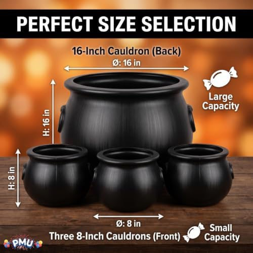 4 Pcs Large Halloween Cauldron - (1) 16",(3) 8" Big Witch Plastic Cauldron bowl Black, For Halloween Decor, alternate view 3