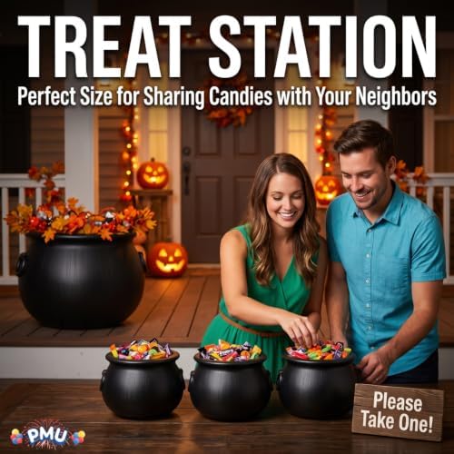 4 Pcs Large Halloween Cauldron - (1) 16",(3) 8" Big Witch Plastic Cauldron bowl Black, For Halloween Decor, alternate view 6