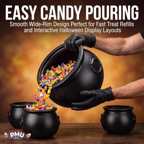 4 Pcs Large Halloween Cauldron - (1) 16",(3) 8" Big Witch Plastic Cauldron bowl Black, For Halloween Decor, alternate view 7