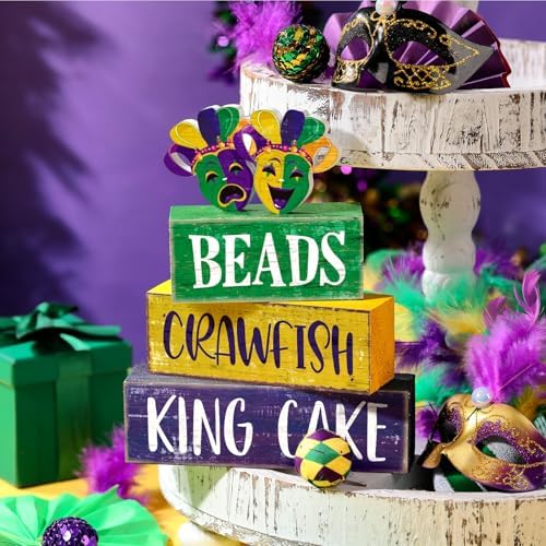 4 Pcs Mardi Gras Wooden Block Signs Farmhouse Table Decoration, alternate view 2