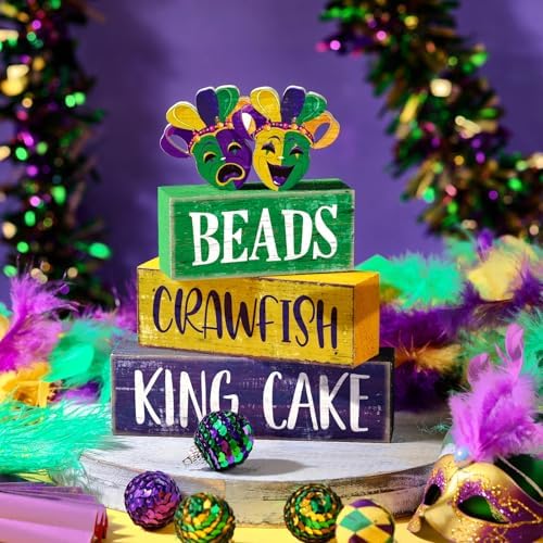 4 Pcs Mardi Gras Wooden Block Signs Farmhouse Table Decoration, alternate view 6