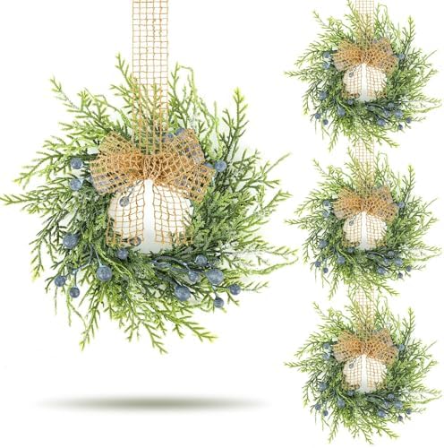 4 PCS Mini Blueberry Kitchen Cabinet Wreaths Artificial Spring Summer Farmhouse Hanging Wreaths Rustic Cedar