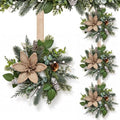 4 PCS Mini Christmas Snow Frosted Pine Wreaths for Kitchen Cabinet with Bow in Burlap Poinsettia