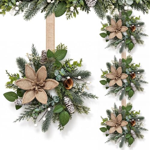 4 PCS Mini Christmas Snow Frosted Pine Wreaths for Kitchen Cabinet with Bow in Burlap Poinsettia