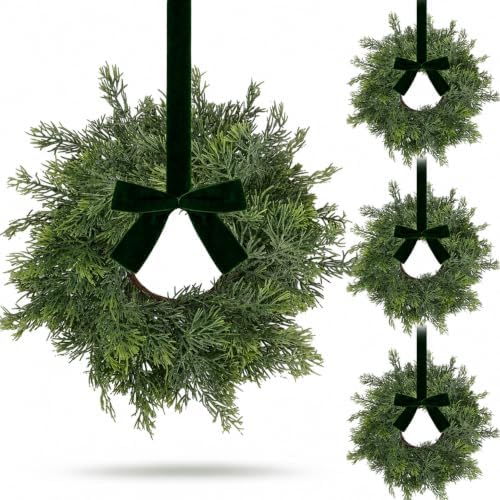 4 PCS Mini Real Touch Christmas Wreaths for Kitchen Cabinets Artificial Norfolk Lifelike Cedar Wreaths with Bow