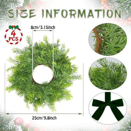 4 PCS Mini Real Touch Christmas Wreaths for Kitchen Cabinets Artificial Norfolk Lifelike Cedar Wreaths with Bow, alternate