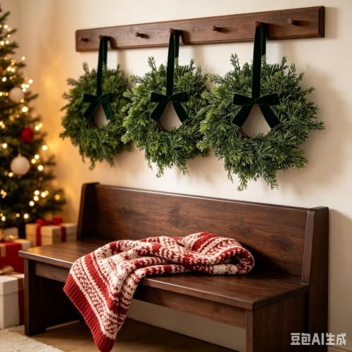 4 PCS Mini Real Touch Christmas Wreaths for Kitchen Cabinets Artificial Norfolk Lifelike Cedar Wreaths with Bow, alternate