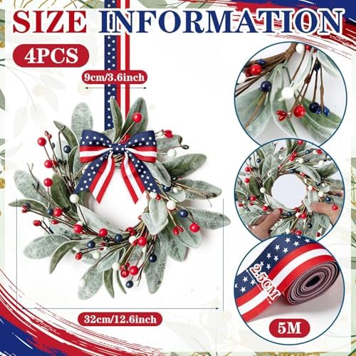 4 PCS Patriotic 4th of July Hanging Wreaths for Cabinets Small Independence Day Wreaths for Front Door with Red, alternate