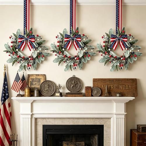 4 PCS Patriotic 4th of July Hanging Wreaths for Cabinets Small Independence Day Wreaths for Front Door with Red, alternate