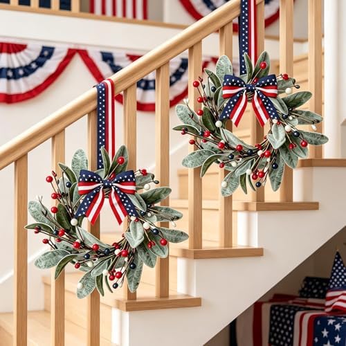 4 PCS Patriotic 4th of July Hanging Wreaths for Cabinets Small Independence Day Wreaths for Front Door with Red, alternate