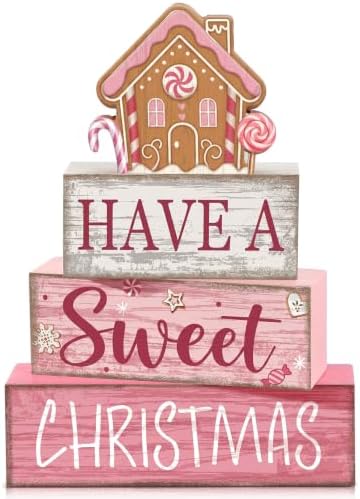 4 Pcs Pink Christmas Table Decor, Sweet Gingerbread Block Sign
