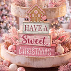 4 Pcs Pink Christmas Table Decor, Sweet Gingerbread Block Sign, alternate view 2