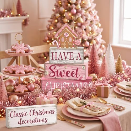 4 Pcs Pink Christmas Table Decor, Sweet Gingerbread Block Sign, alternate view 3